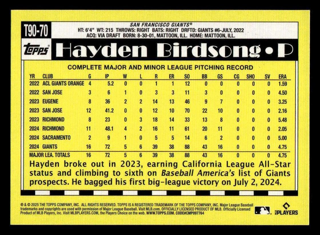 2025 Topps #T90-70 Hayden Birdsong 1990 Topps Baseball 35th Anniversary