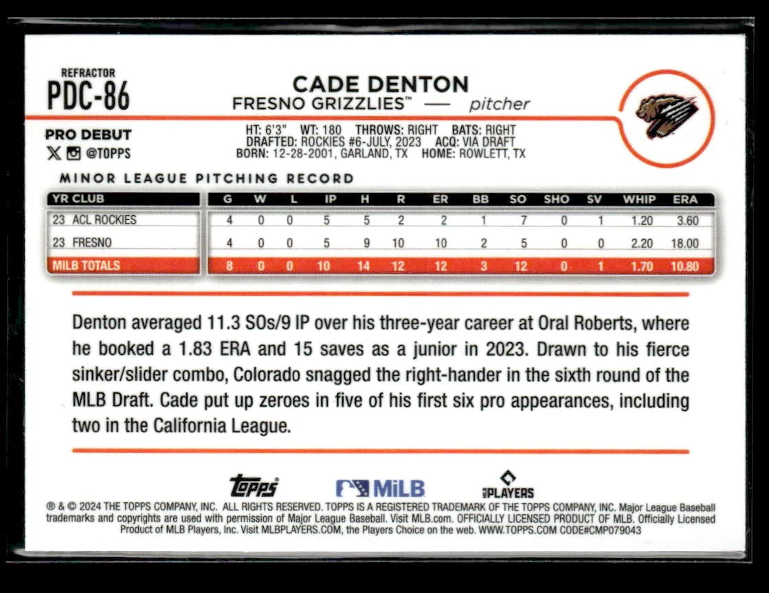 2024 Topps Pro Debut #PDC-86 Cade Denton Chrome Refractor #/99