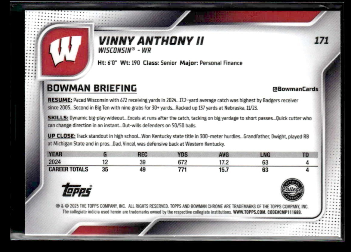 2025 Bowman University Chrome #171 Vinny Anthony II