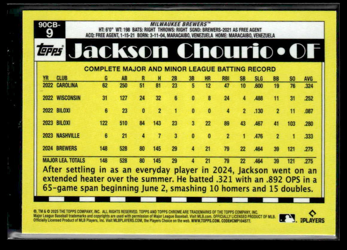 2025 Topps Chrome #90CB-9 Jackson Chourio 1990 Topps Baseball 35th Anniversary