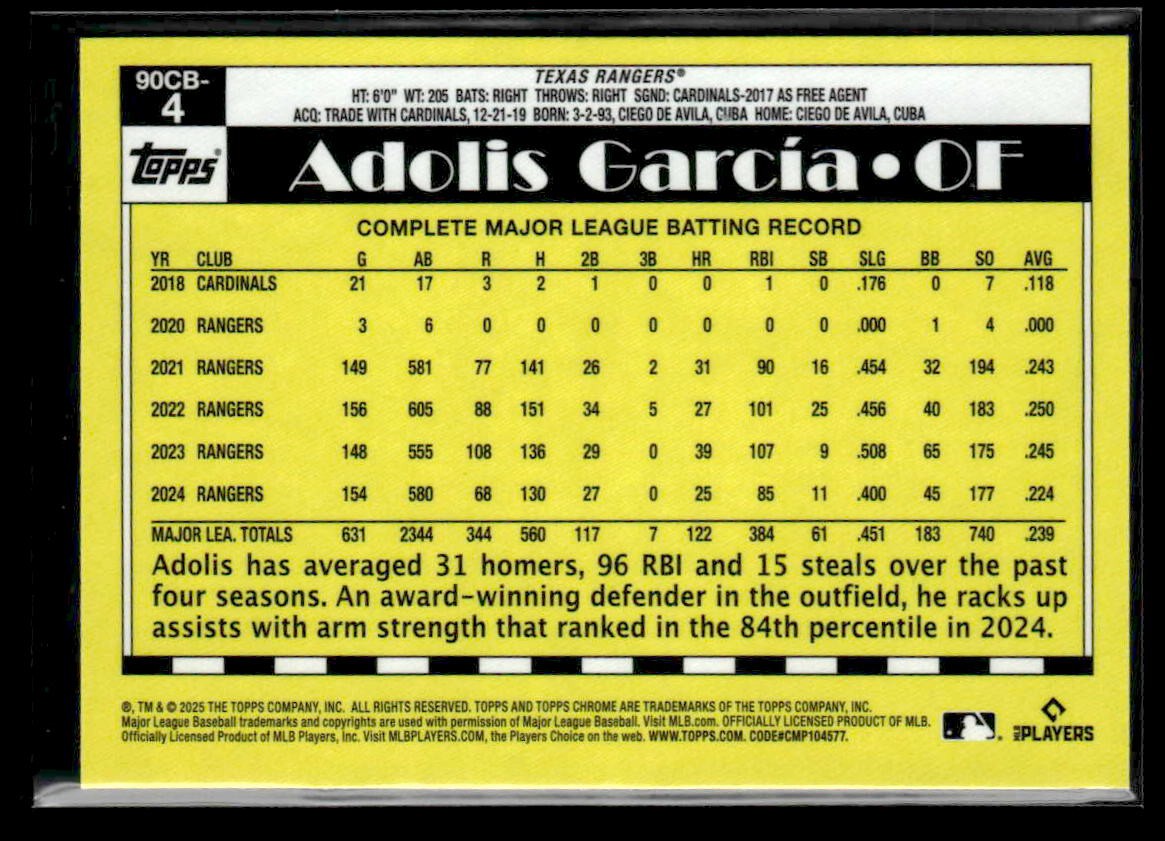 2025 Topps Chrome #90CB-4 Adolis Garcia 1990 Topps Baseball 35th Anniversary