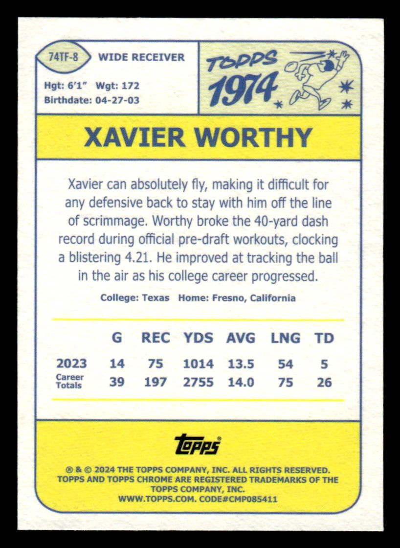 2024 Topps Chrome #74TF-8 Xavier Worthy 1974 Topps Football