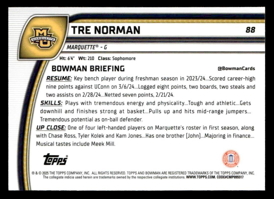 2024-25 Bowman University Chrome #88 Tre Norman Refractor