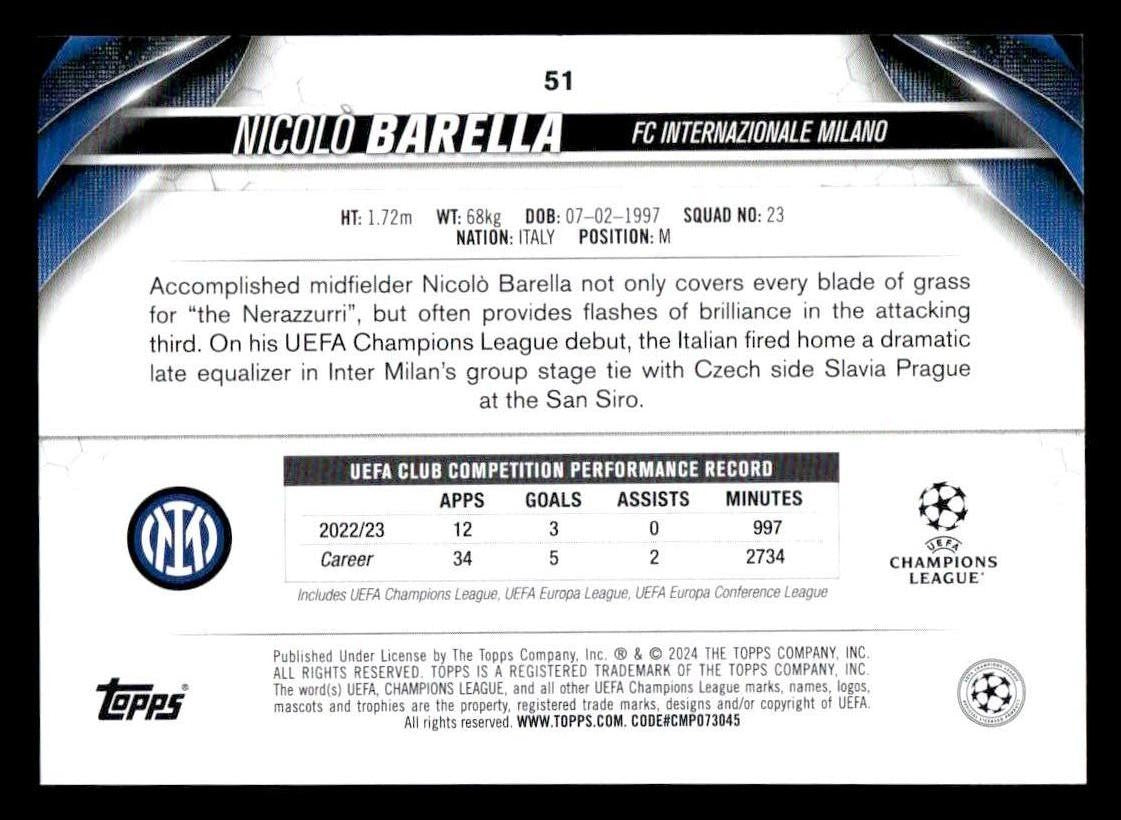 2023-24 Topps Jade Edition UEFA Club Competitions #51 Nicolò Barella