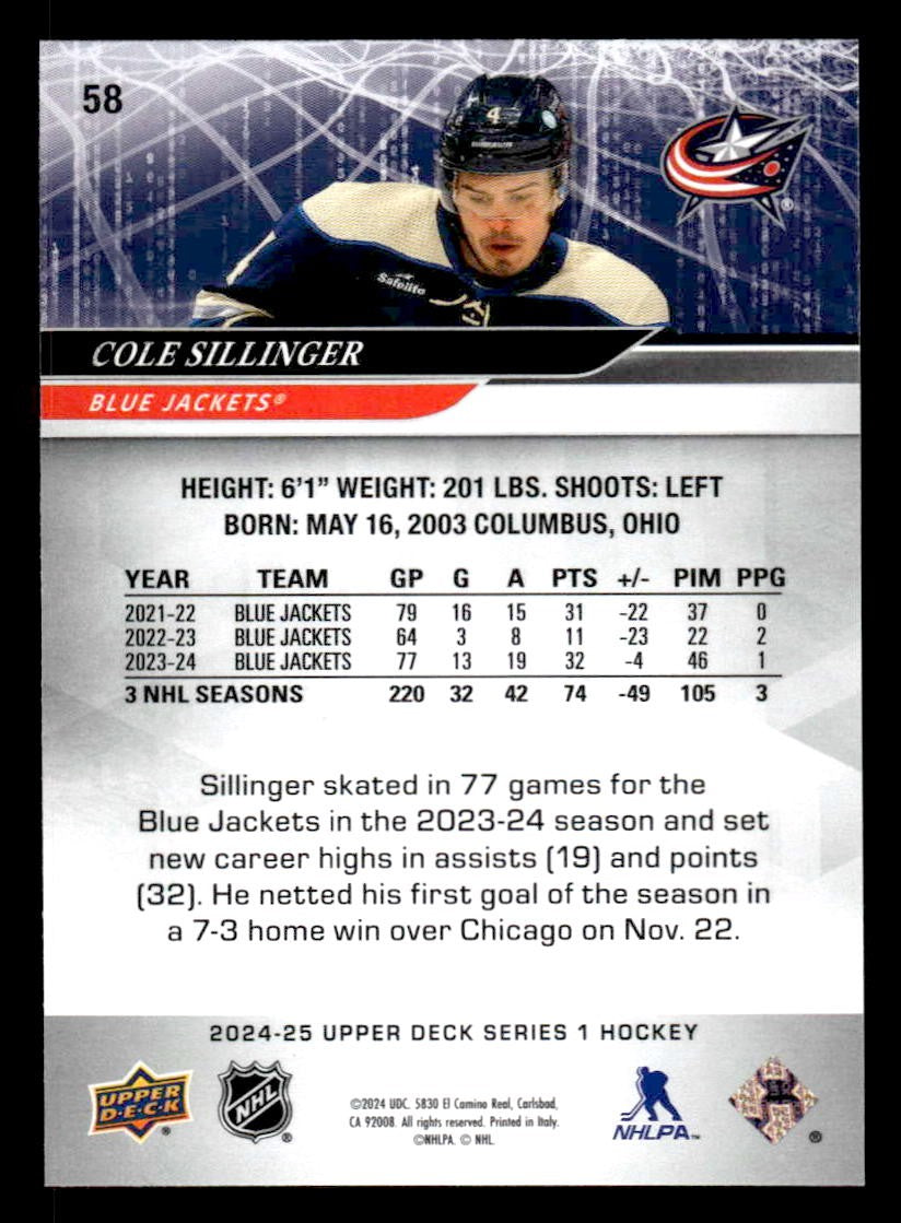 2024-25 Upper Deck #58 Cole Sillinger