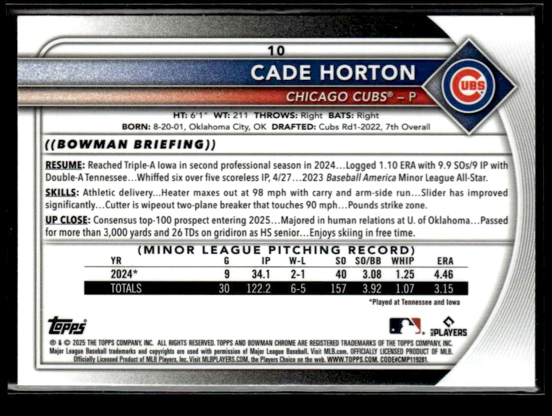 2025 Bowman Chrome #10 Cade Horton Red Redemption Refractor