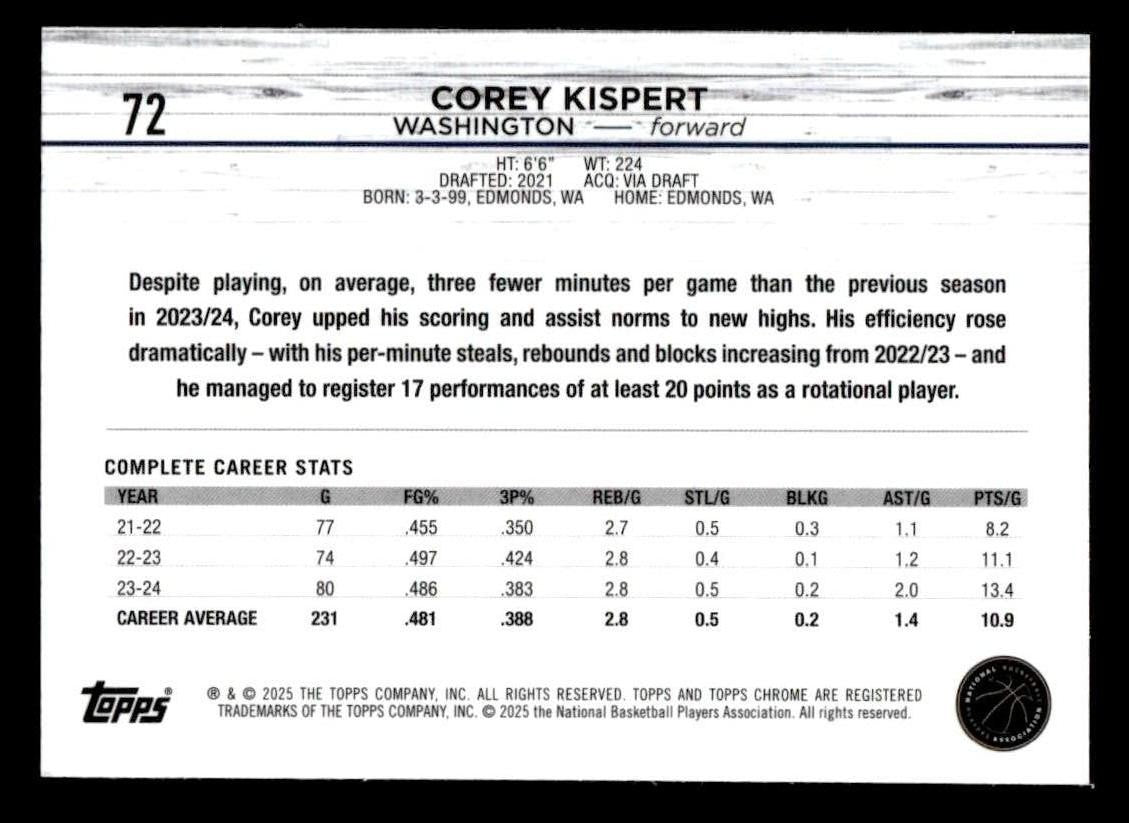 2024-25 Topps Chrome #72 Corey Kispert Purple Refractor