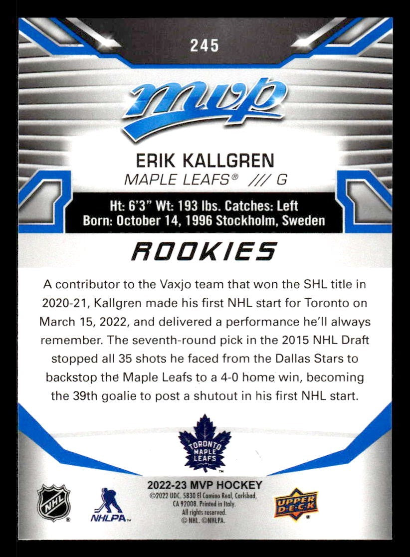 2022-23 Upper Deck MVP #245 Erik Kallgren Blue Script