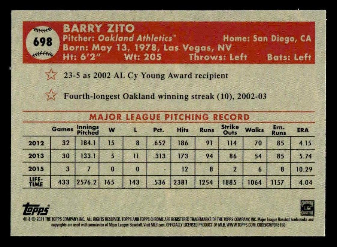 2021 Topps Chrome Platinum Anniversary #698 Barry Zito