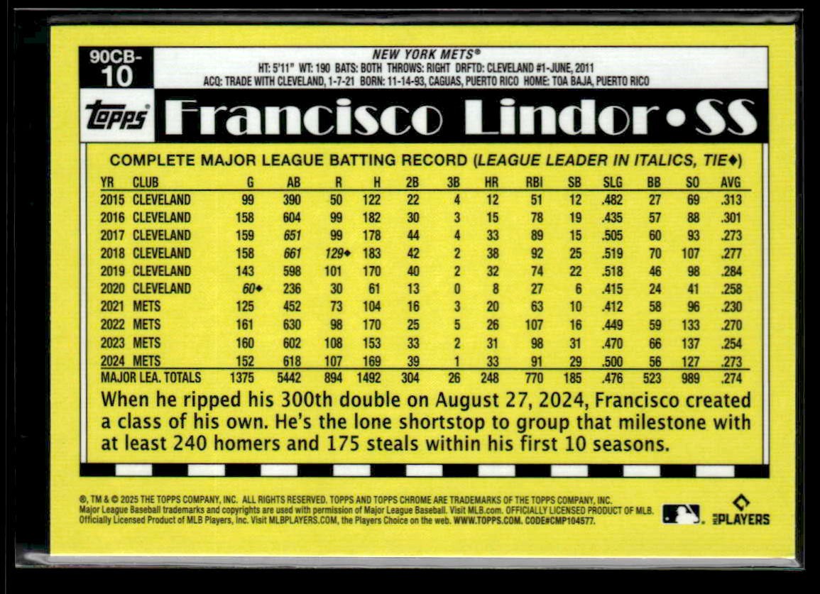2025 Topps Chrome #90CB-10 Francisco Lindor 1990 Topps Baseball 35th Anniversary