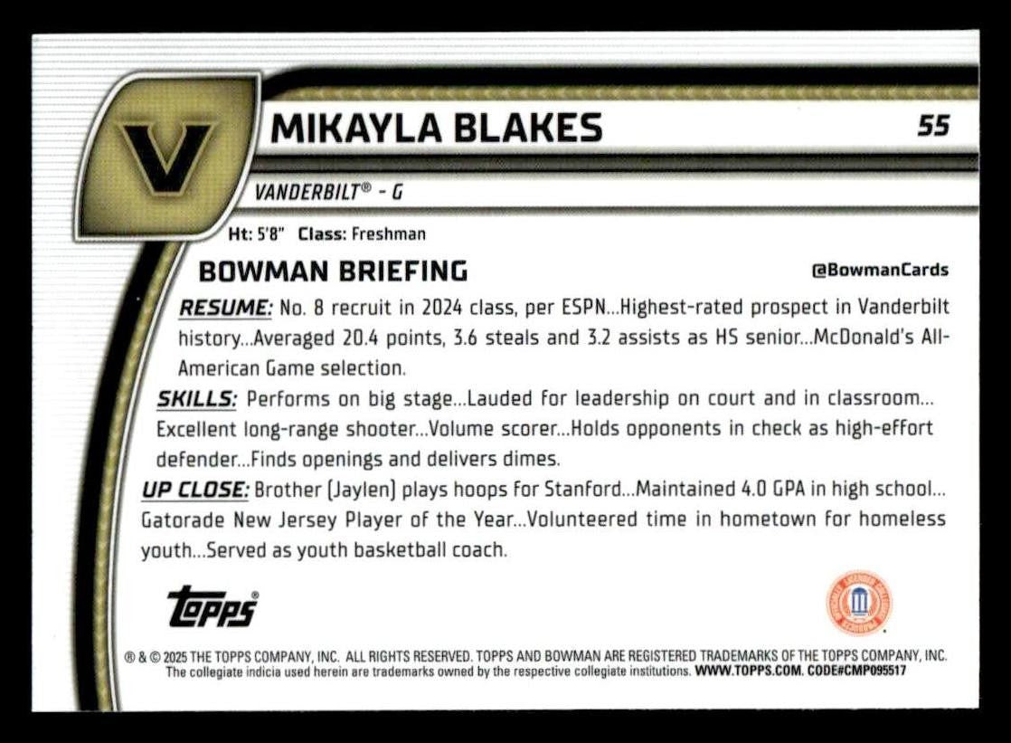2024-25 Bowman University Chrome #55 Mikayla Blakes