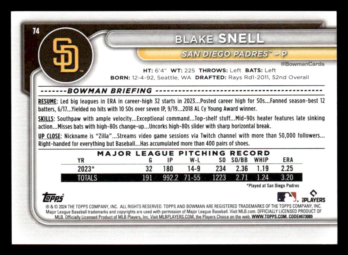 2024 Bowman #74 Blake Snell