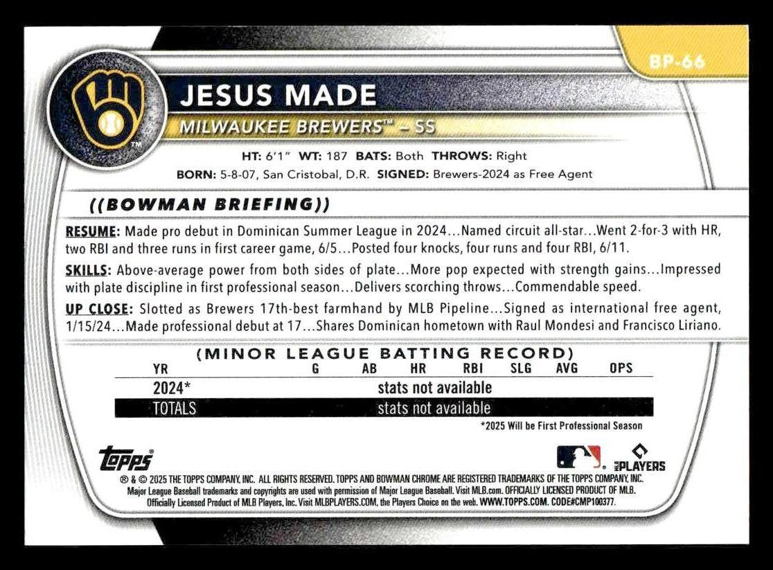 2025 Bowman #BP-66 Jesus Made Prospects