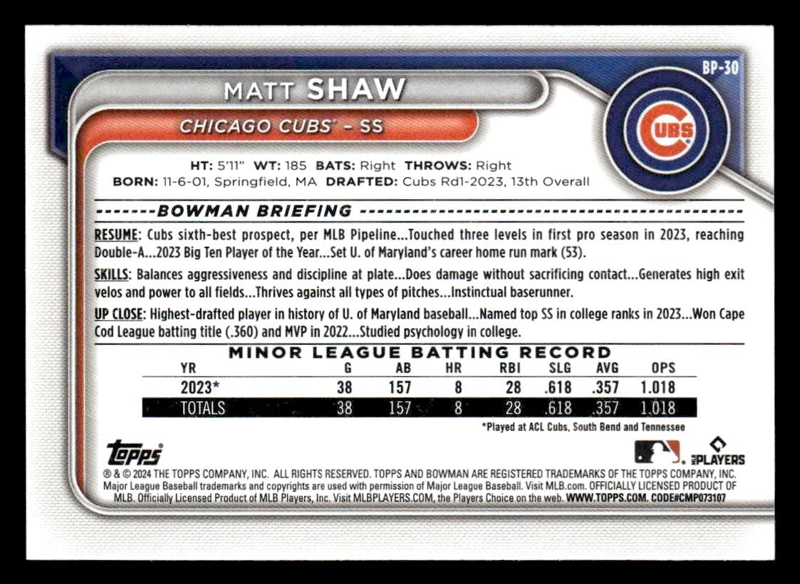 2024 Bowman #BP-30 Matt Shaw Prospects