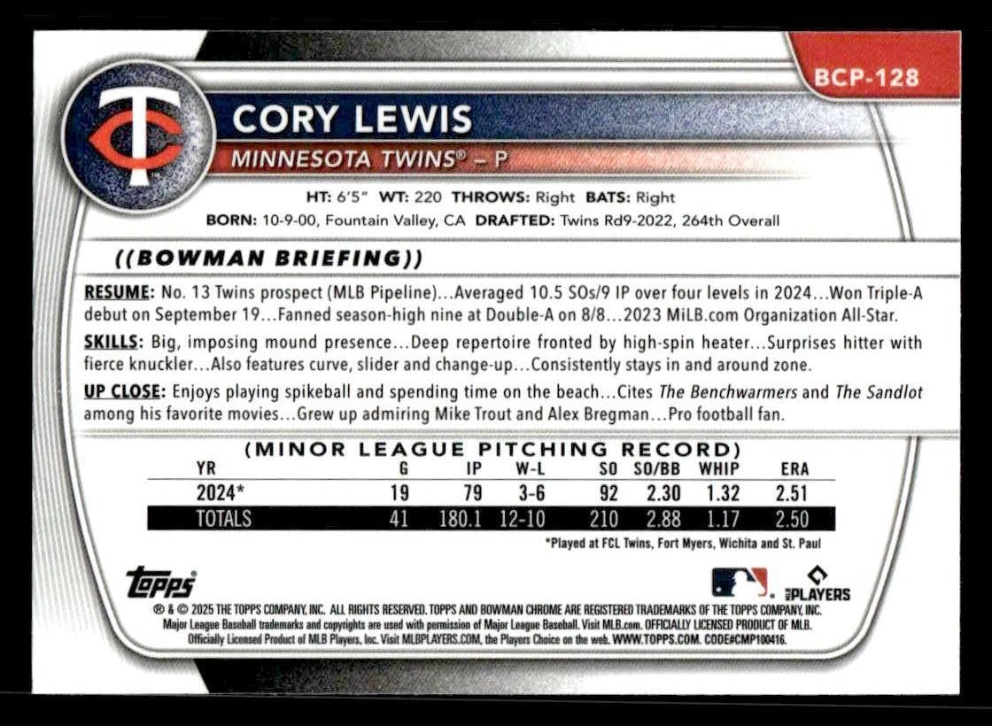 2025 Bowman #BCP-128 Cory Lewis Chrome Prospects