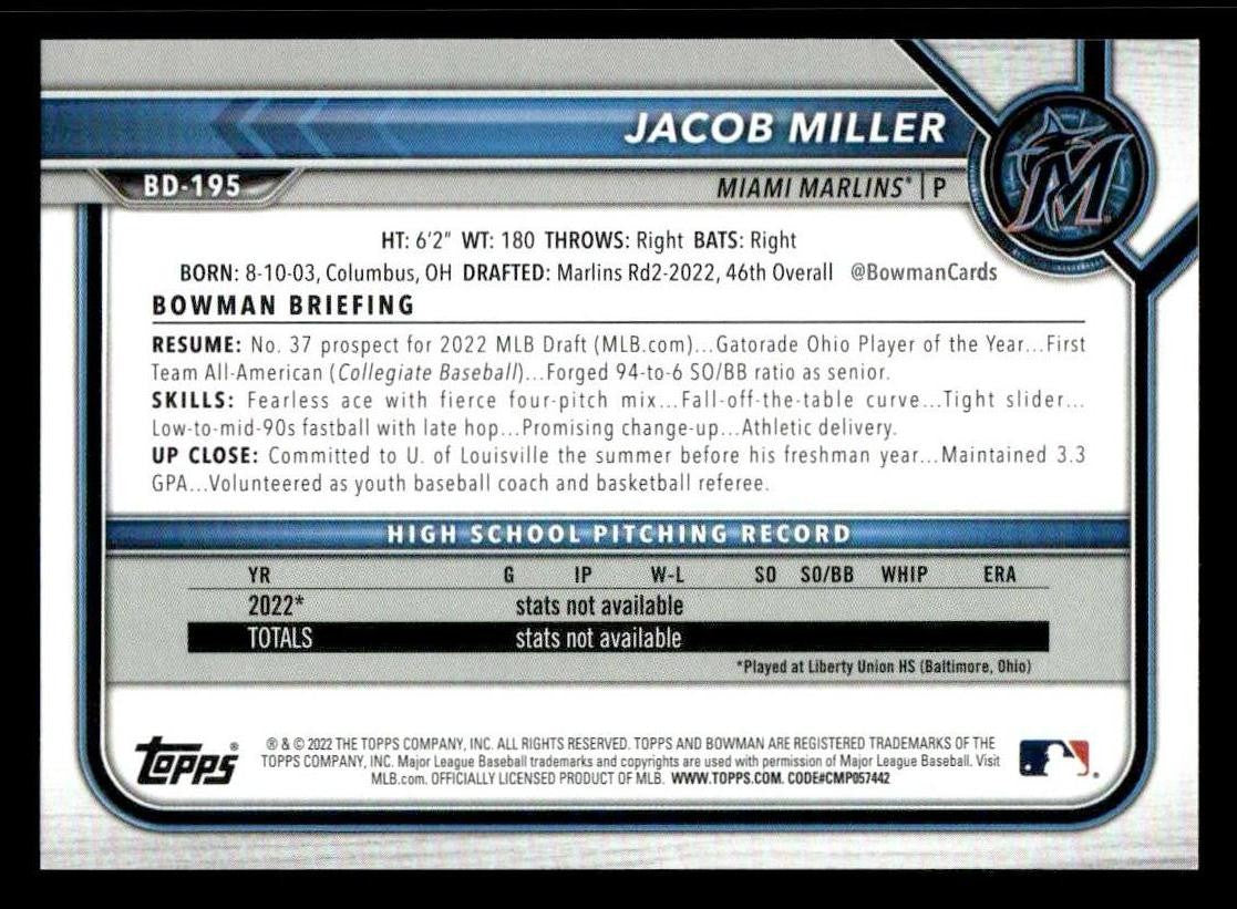 2022 Bowman Draft 1st Edition #BD-195 Jacob Miller