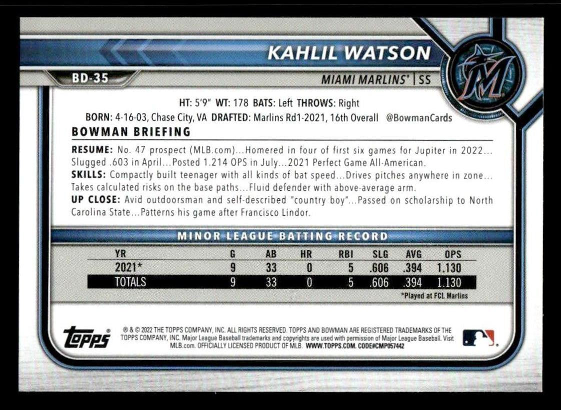 2022 Bowman Draft 1st Edition #BD-35 Kahlil Watson Sky Blue