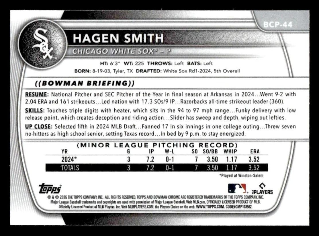 2025 Bowman #BCP-44 Hagen Smith Chrome Prospects Mega Refractor