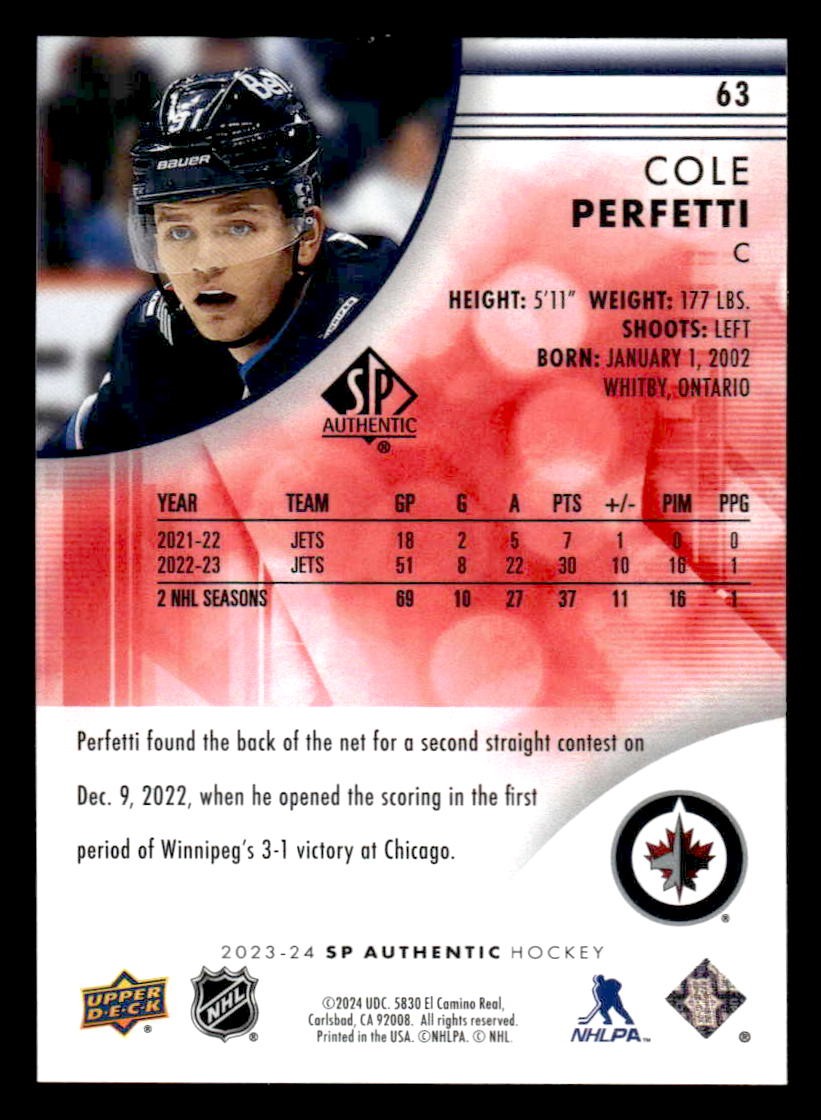 2023-24 SP Authentic #63 Cole Perfetti Limited Red