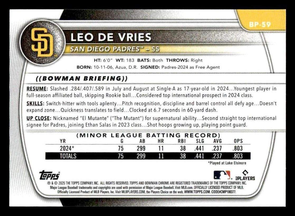 2025 Bowman #BP-59 Leo De Vries Prospects