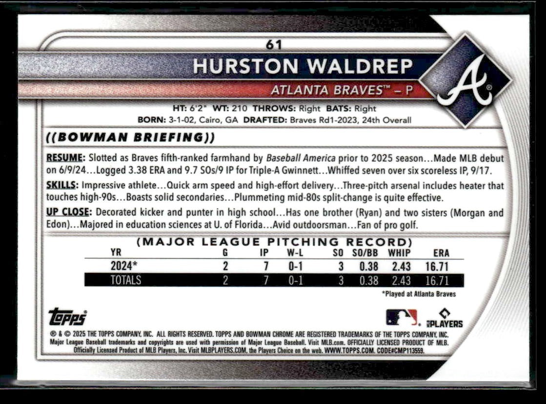 2025 Bowman #61 Hurston Waldrep Bowman Chrome Red Rookie Logo