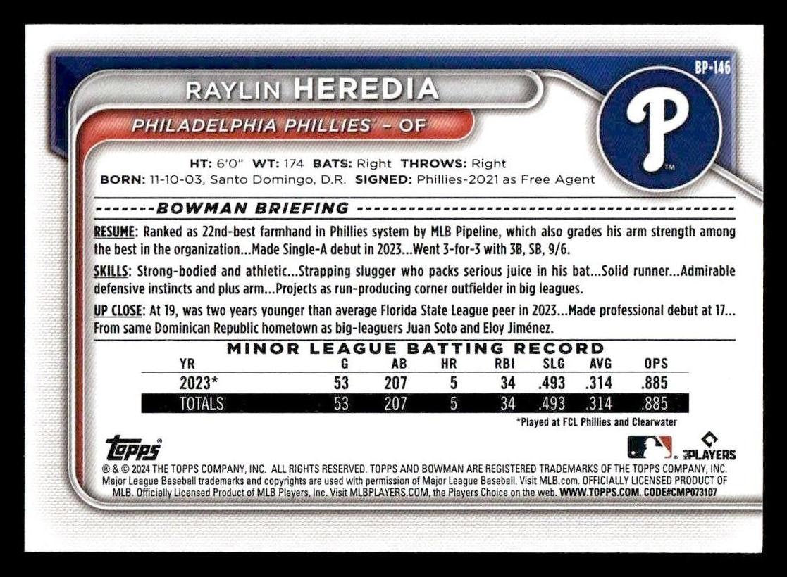 2024 Bowman #BP-146 Raylin Heredia Prospects