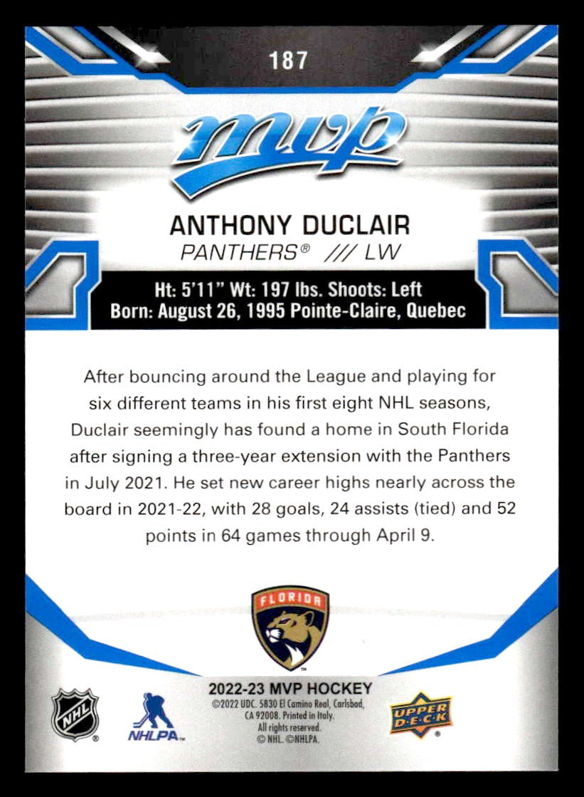 2022-23 Upper Deck MVP #187 Anthony Duclair Blue Script
