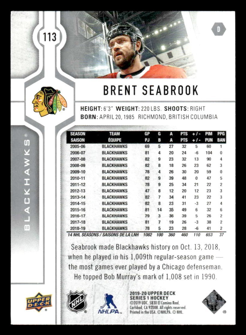 2019-20 Upper Deck #113 Brent Seabrook