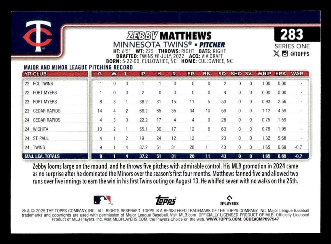 2025 Topps #283 Zebby Matthews