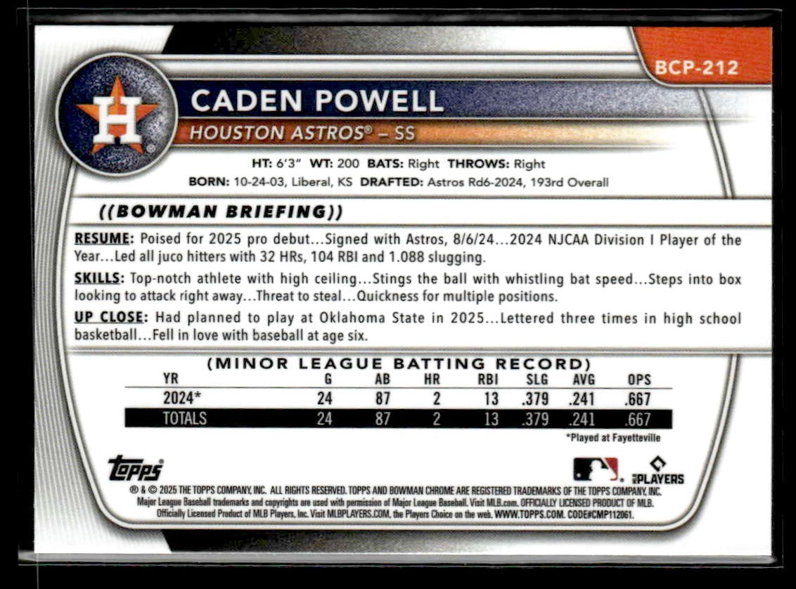 2025 Bowman Chrome #BCP-212 Caden Powell
