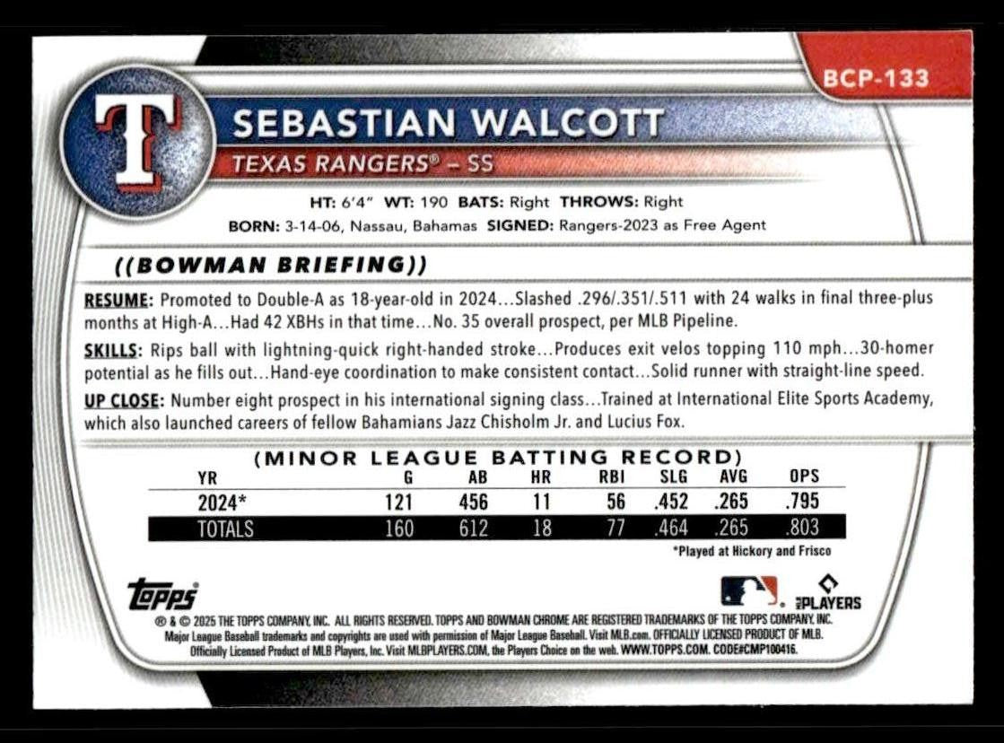 2025 Bowman #BCP-133 Sebastian Walcott Chrome Prospects