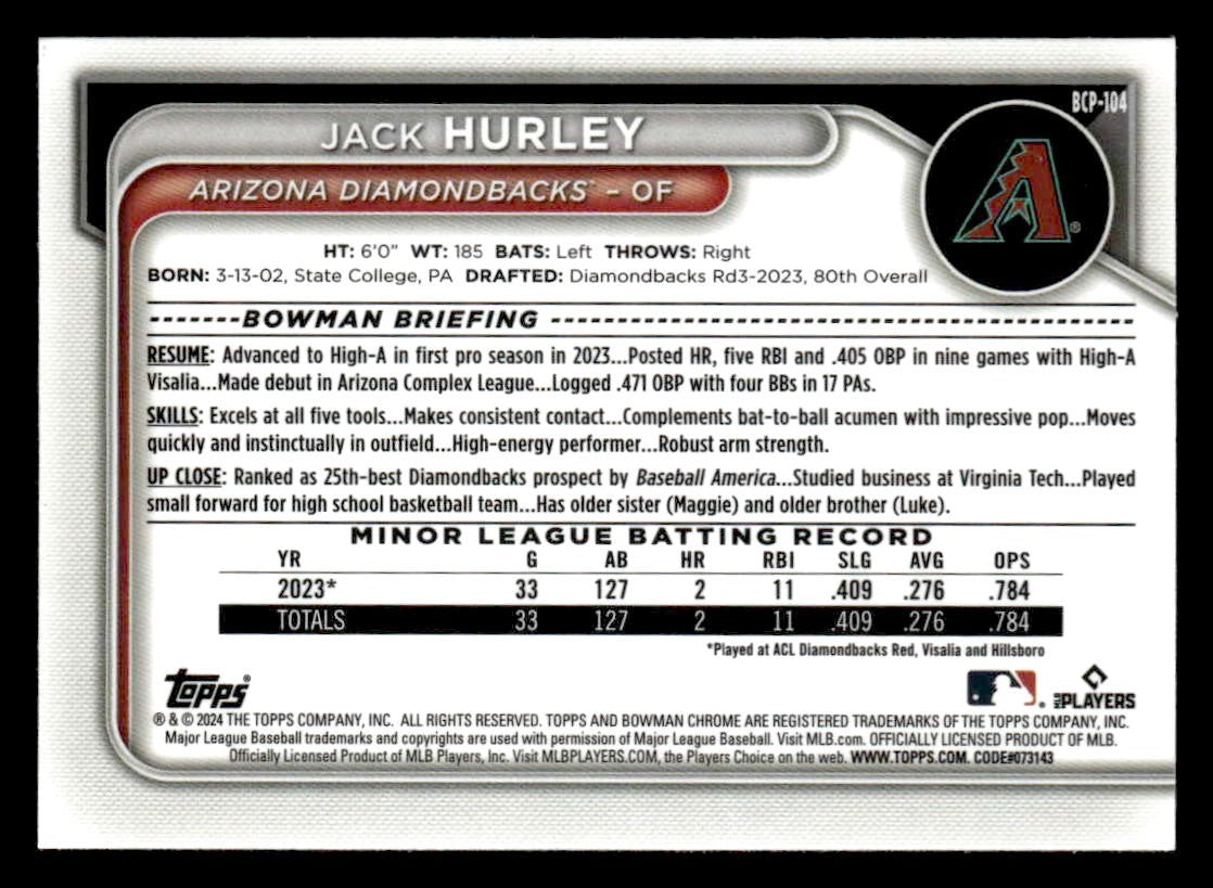 2024 Bowman #BCP-104 Jack Hurley Chrome Prospects