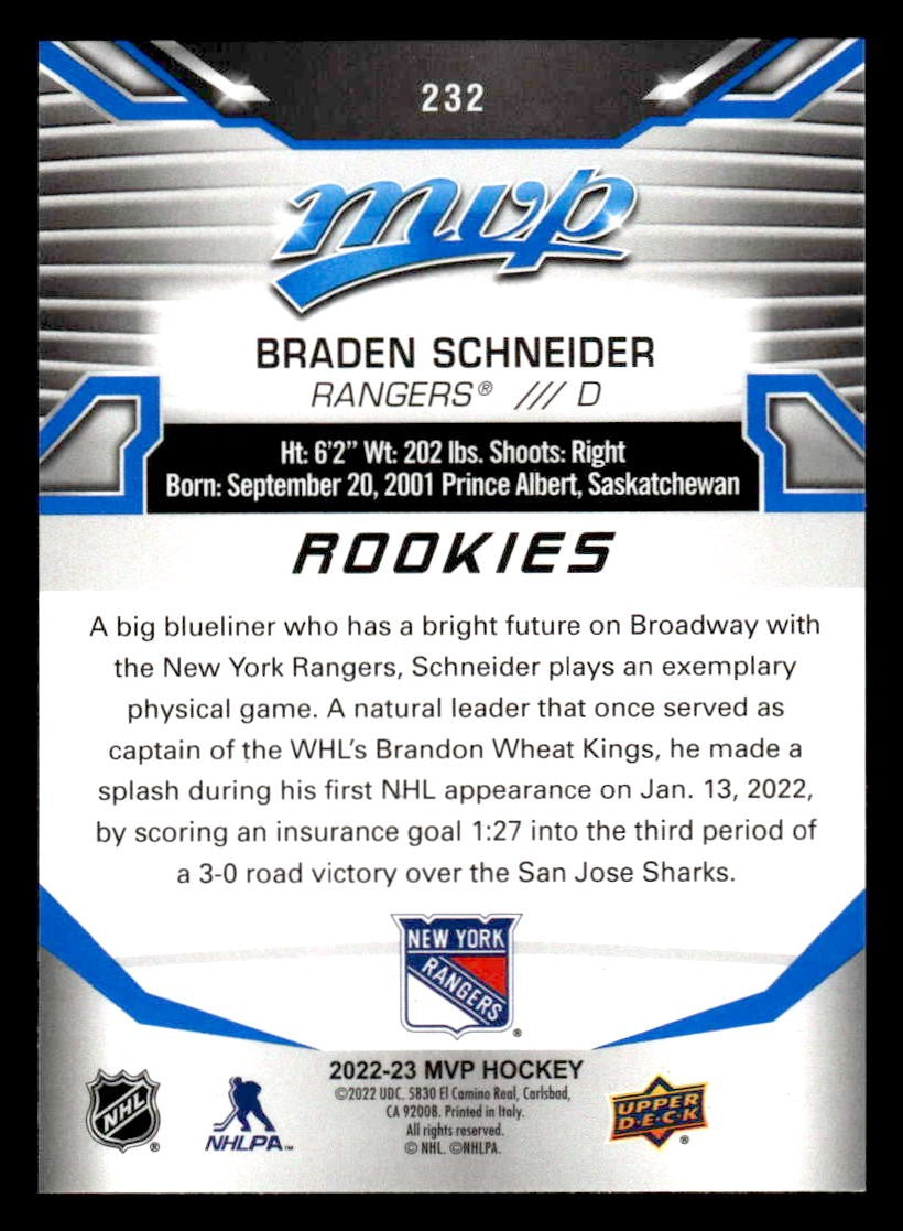 2022-23 Upper Deck MVP #232 Braden Schneider Blue Script