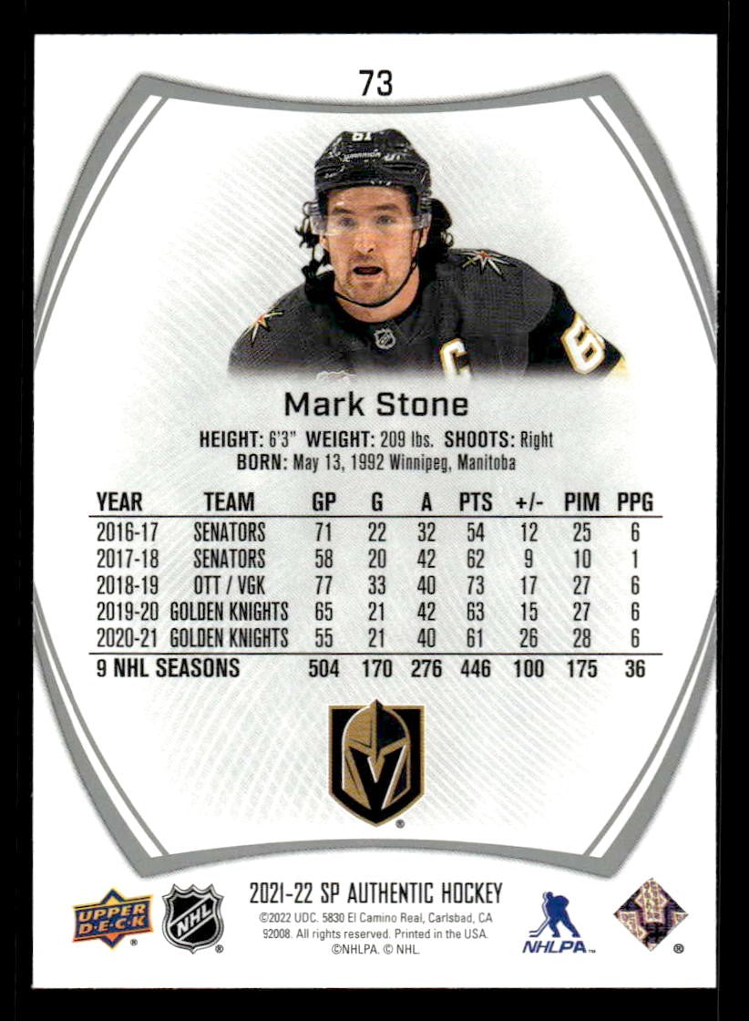 2021-22 SP Authentic #73 Mark Stone