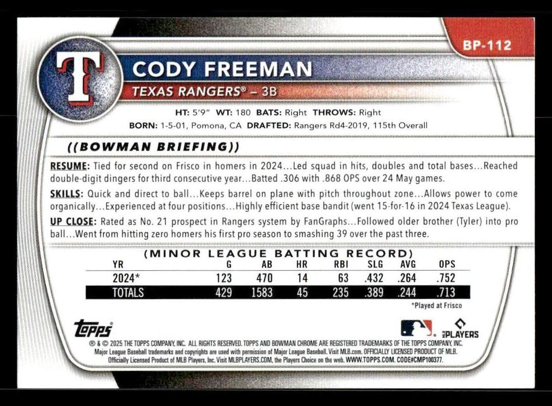 2025 Bowman #BP-112 Cody Freeman Prospects
