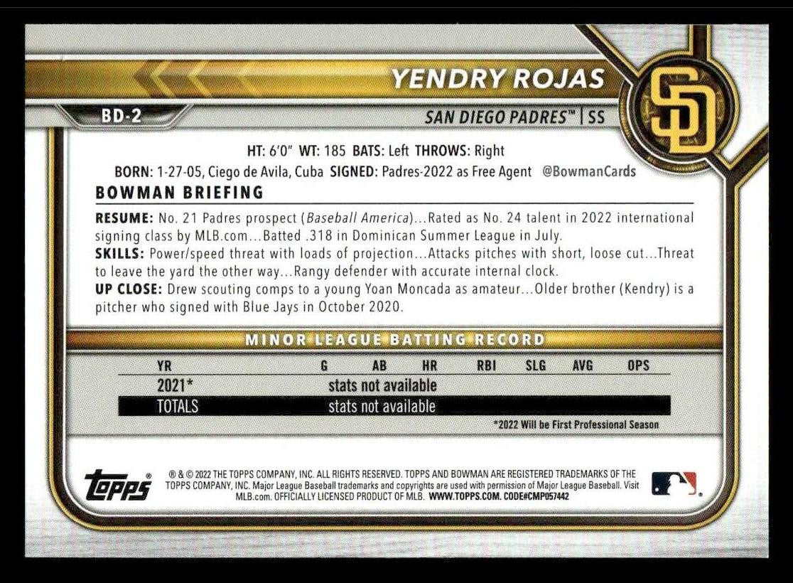 2022 Bowman Draft 1st Edition #BD-2 Yendry Rojas