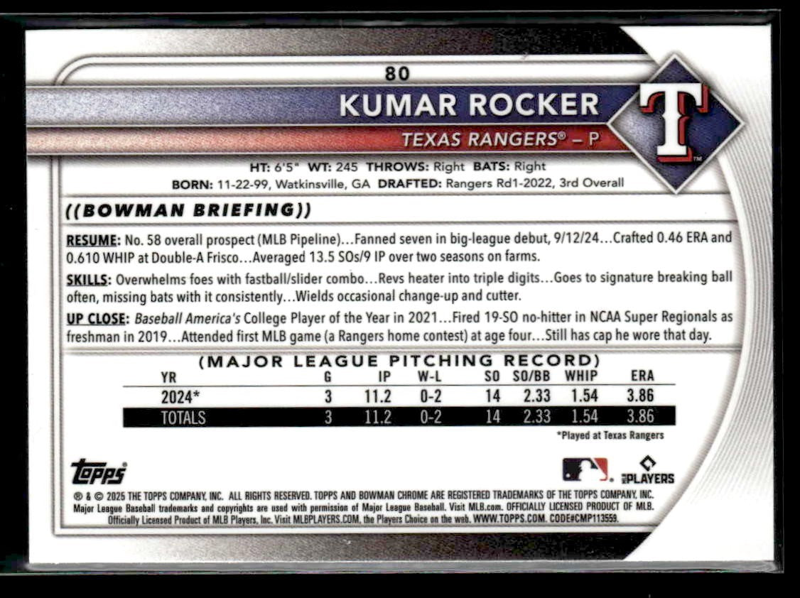 2025 Bowman #80 Kumar Rocker Bowman Chrome Red Rookie Logo