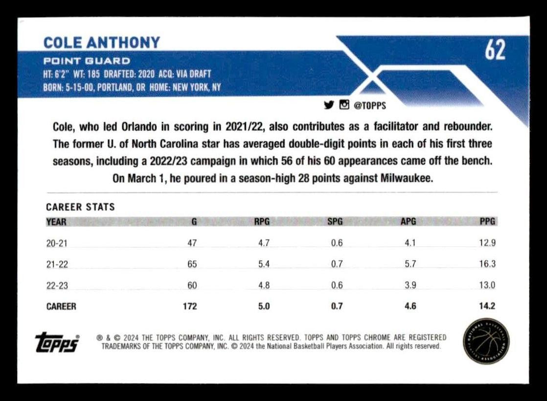 2023-24 Topps Chrome Sapphire Edition #62 Cole Anthony