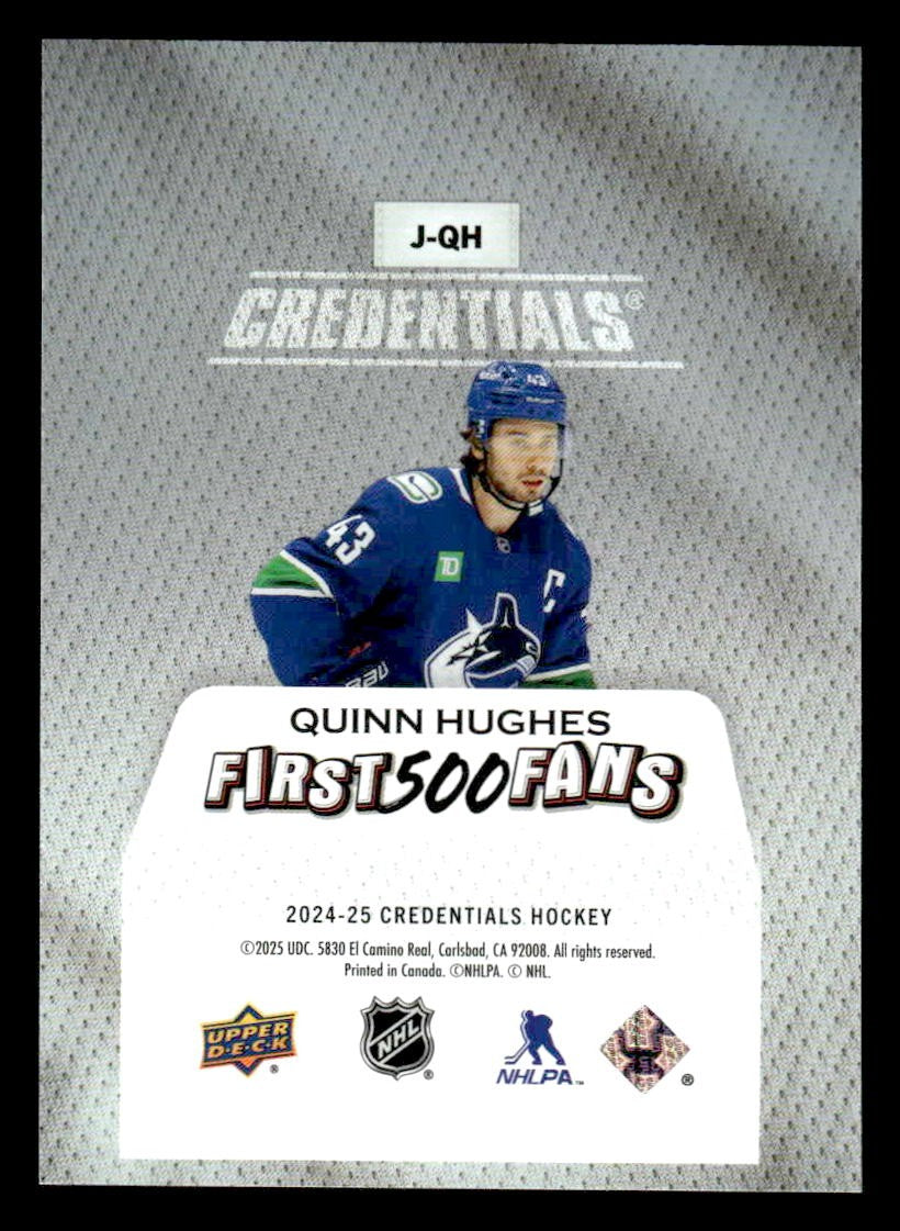 2024-25 Upper Deck Credentials #J-GH Quinn Hughes Arena Giveaway Jersey #/500