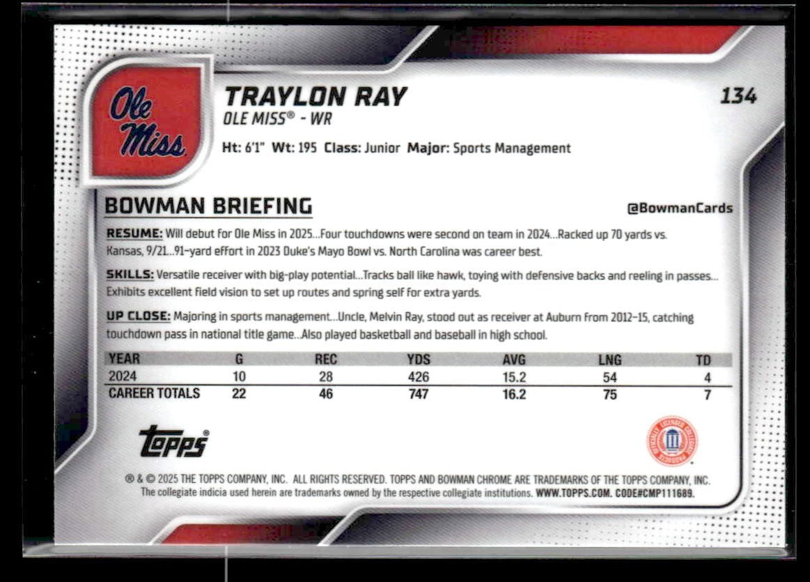 2025 Bowman University Chrome #134 Traylon Ray
