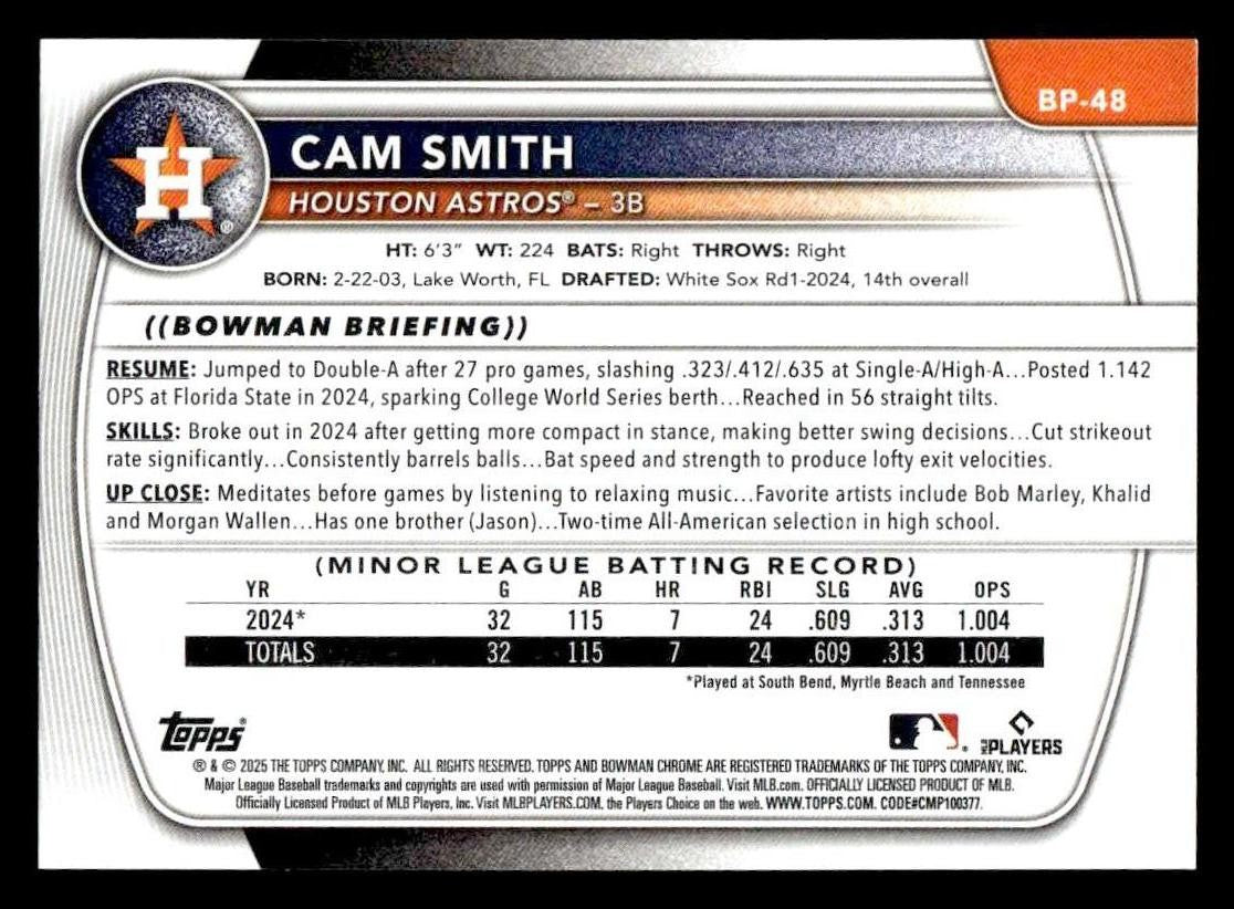 2025 Bowman #BP-48 Cam Smith Prospects