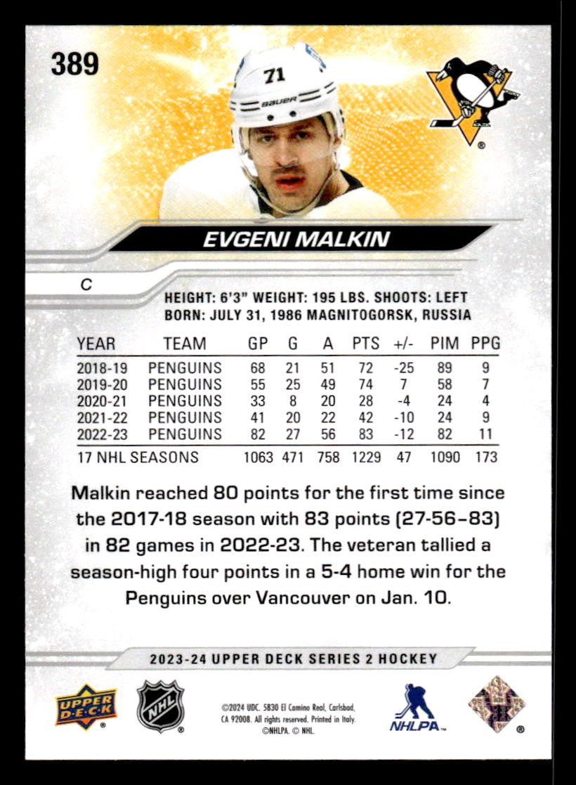 2023-24 Upper Deck #389 Evgeni Malkin