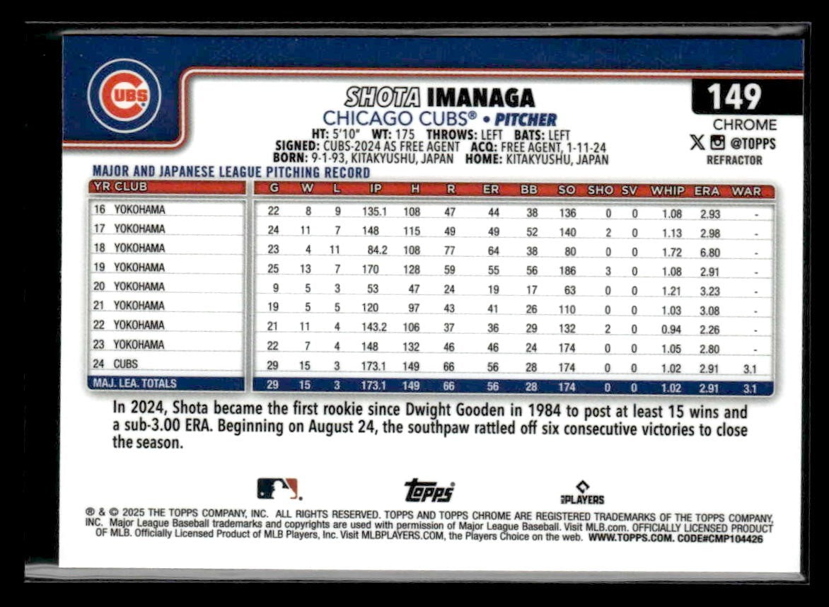 2025 Topps Chrome #149 Shota Imanaga Refractors