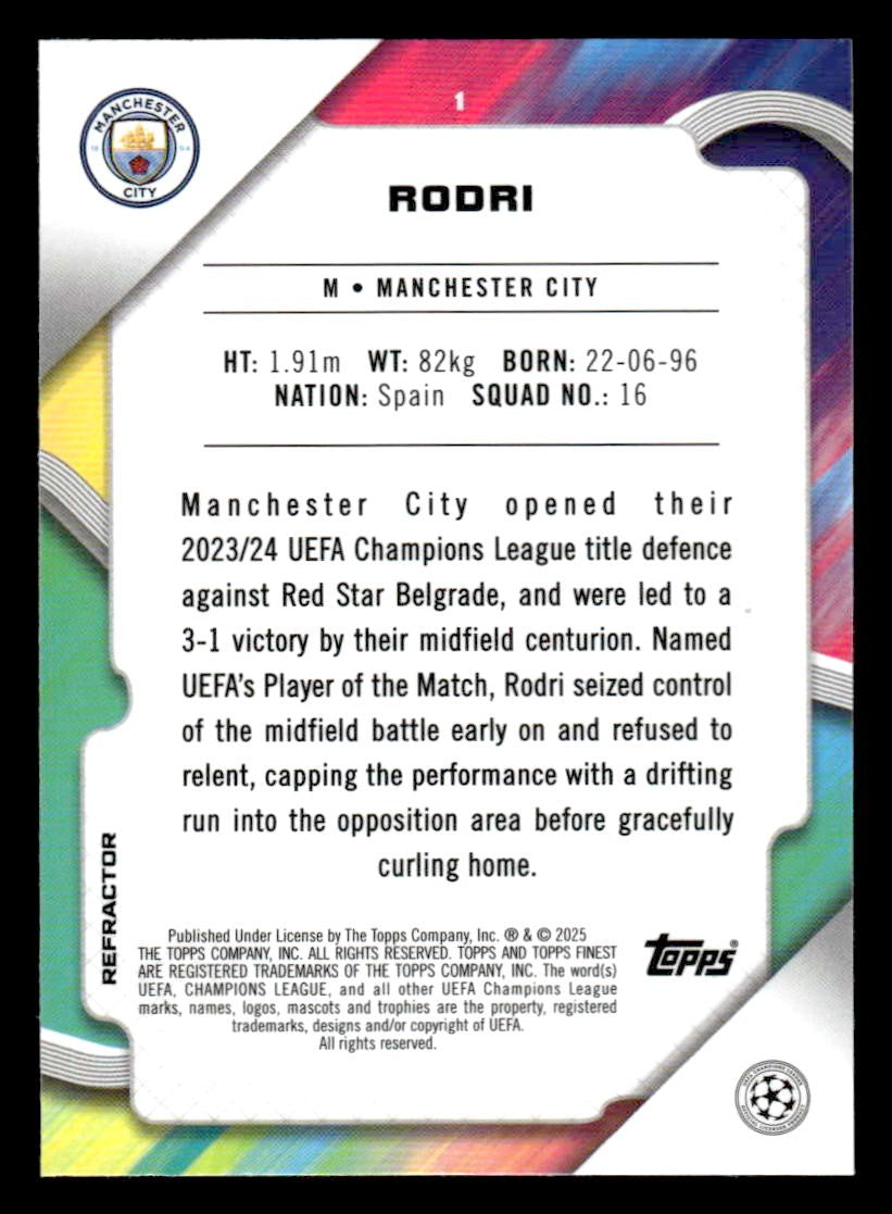 2024-25 Topps Finest UEFA Club Comp #1 Rodri Refractor