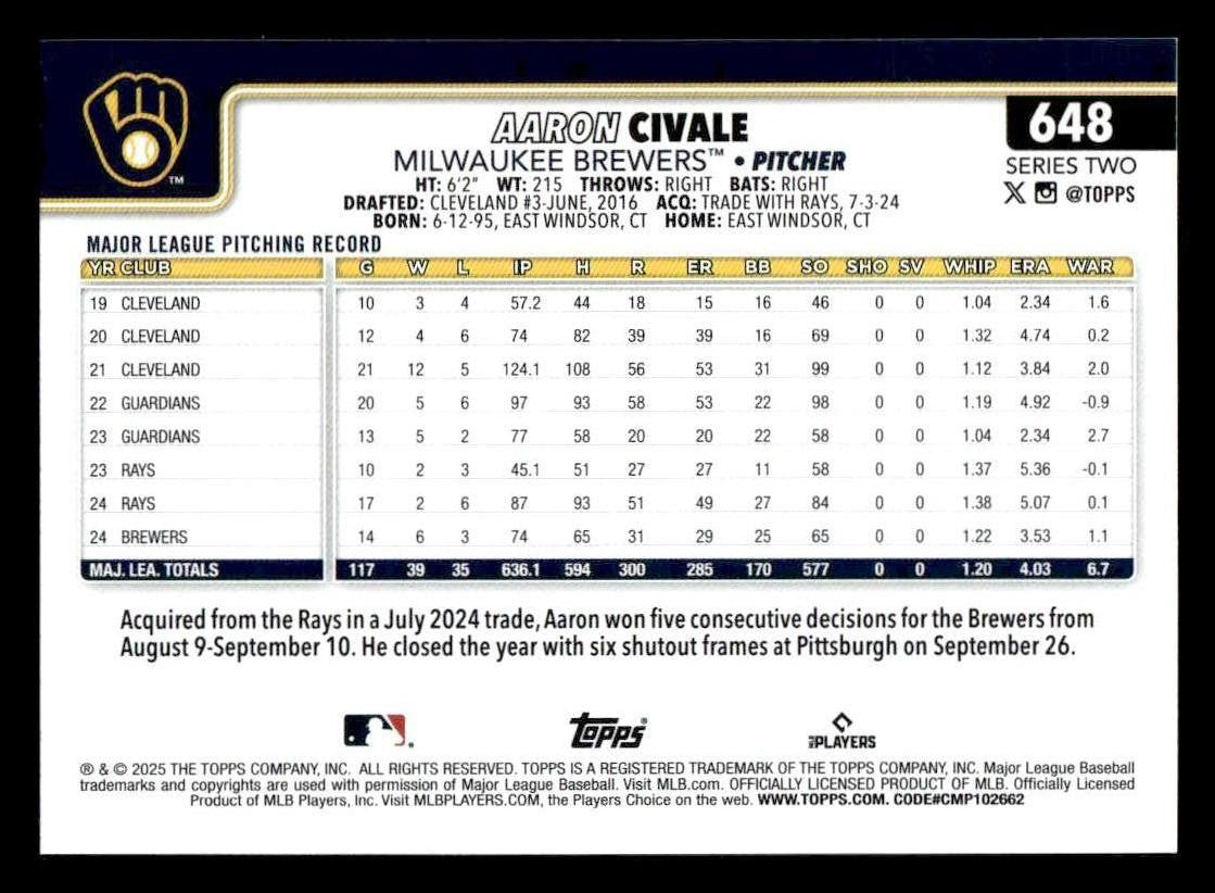 2025 Topps #648 Aaron Civale