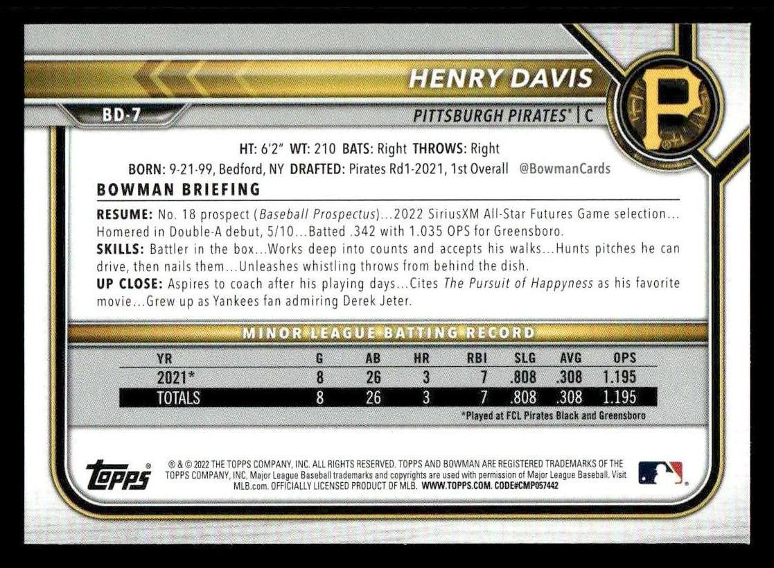 2022 Bowman Draft #BDC-7 Henry Davis Chrome Refractor