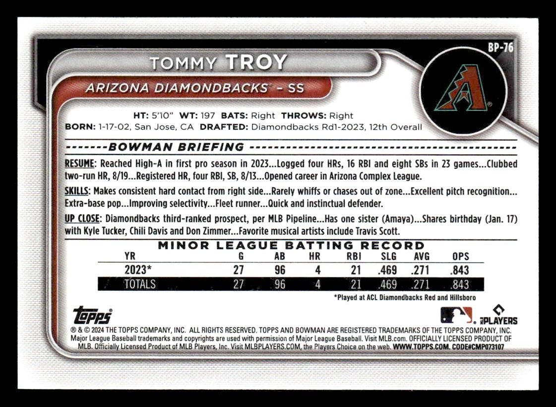 2024 Bowman #BP-76 Tommy Troy Prospects