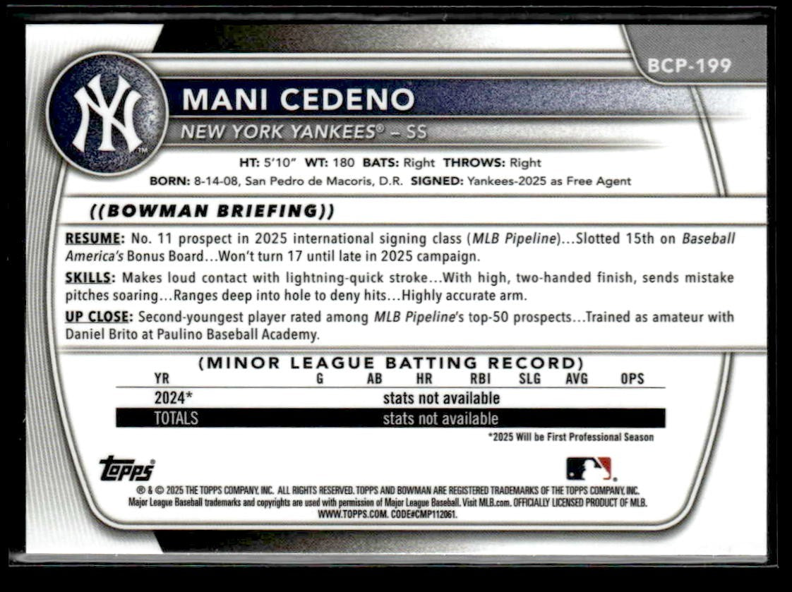 2025 Bowman Chrome #BCP-199 Mani Cedeno