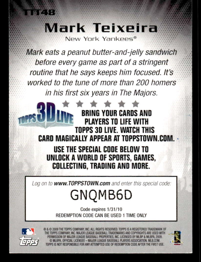 2009 Topps #TTT48 Mark Teixeira Ticket to ToppsTown Gold