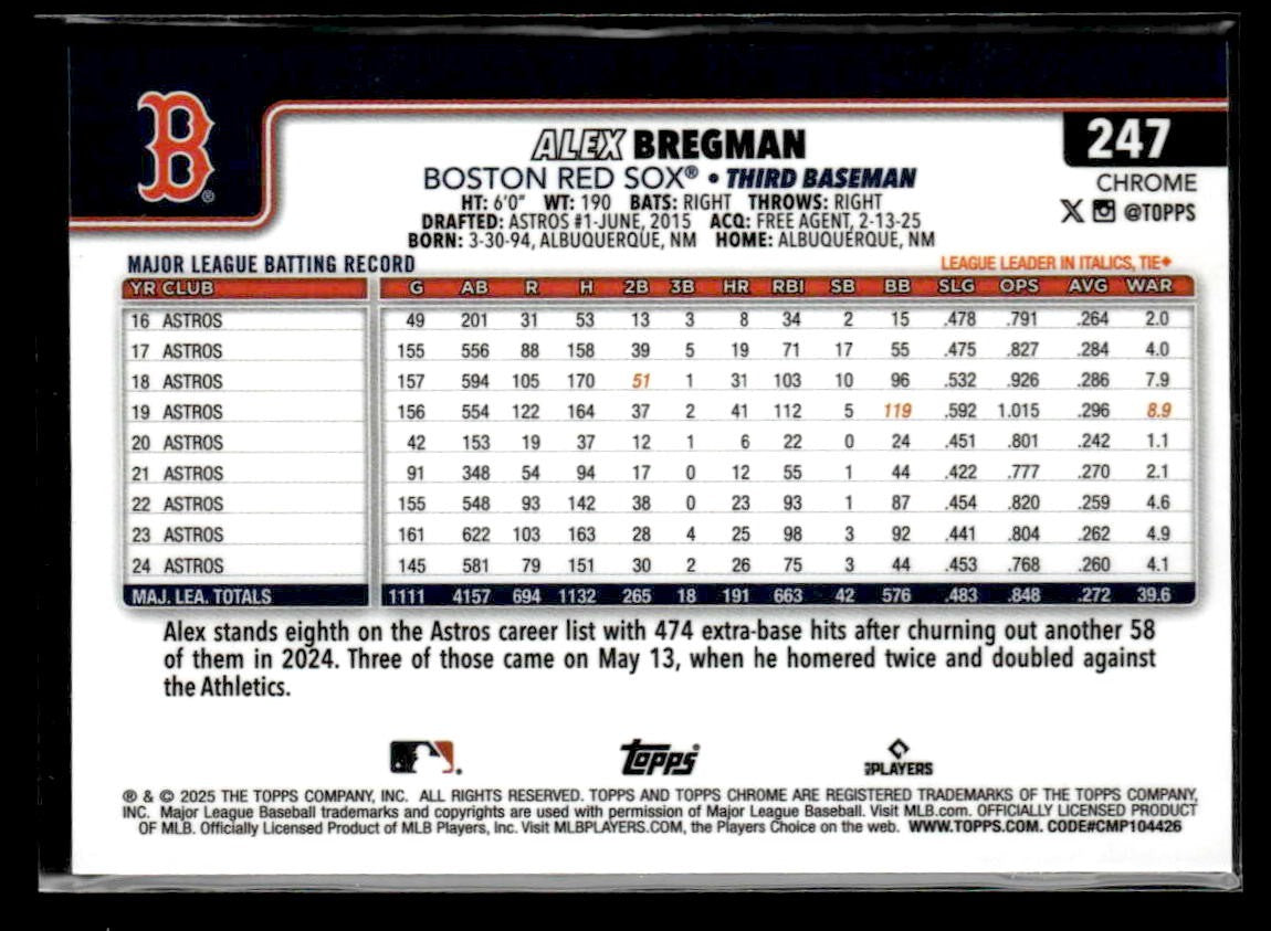 2025 Topps Chrome #247 Alex Bregman Green Wave Refractors #/99